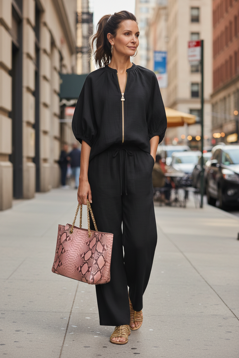 Zip-Front Blouson Top and Wide Leg Trouser Set
