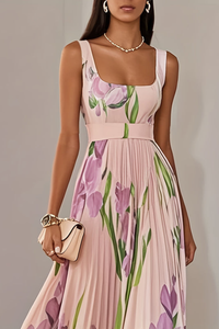 Floral Pleated Square-Neck Midi Dresses