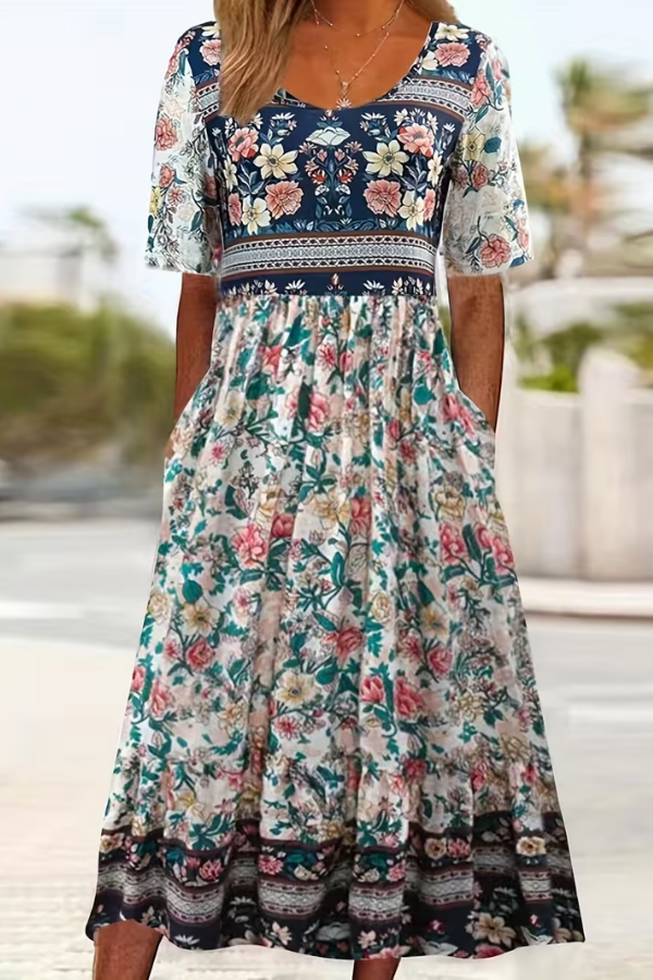 Boho Colorblock Floral Maxi Dress With Pockets