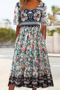 Boho Colorblock Floral Maxi Dress With Pockets