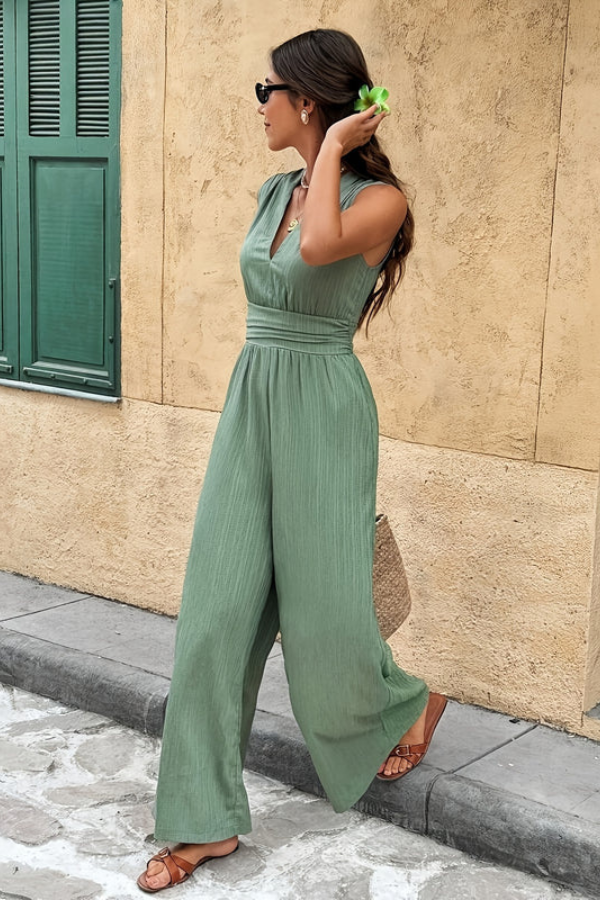 Deep V-Neck Ruched Jumpsuit