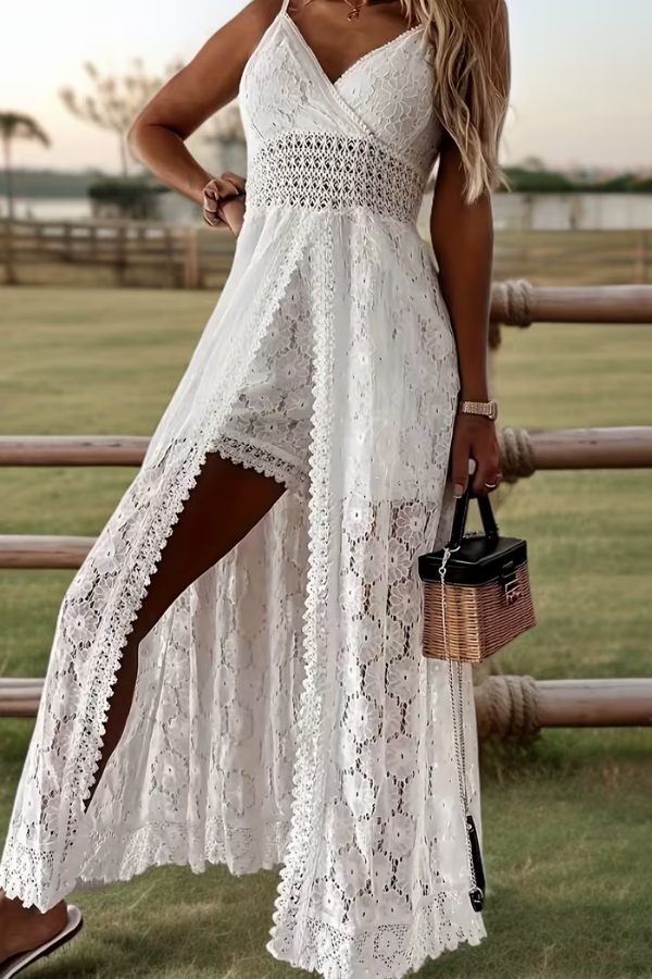 Lace V Neck Wide Leg Jumpsuit