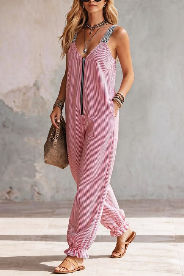 Rosa gestreifter Latz-Jumpsuit