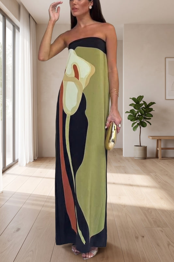 Elegant Printed Strapless Maxi Dress
