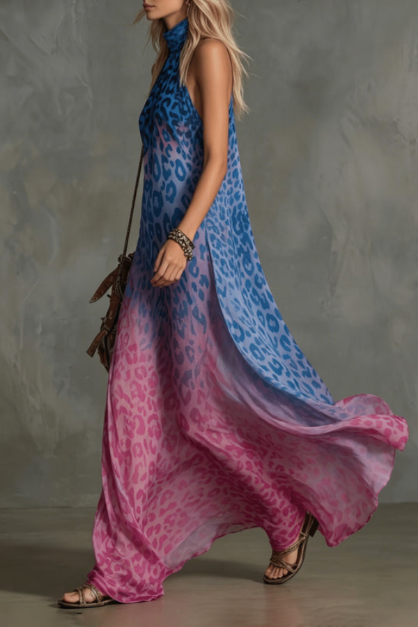 Leopard Halter Neck Keyhole Maxi Dresses