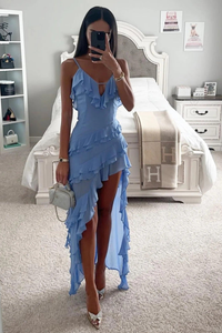 Ruffle Wrap Asymmetric Hem Maxi Dress