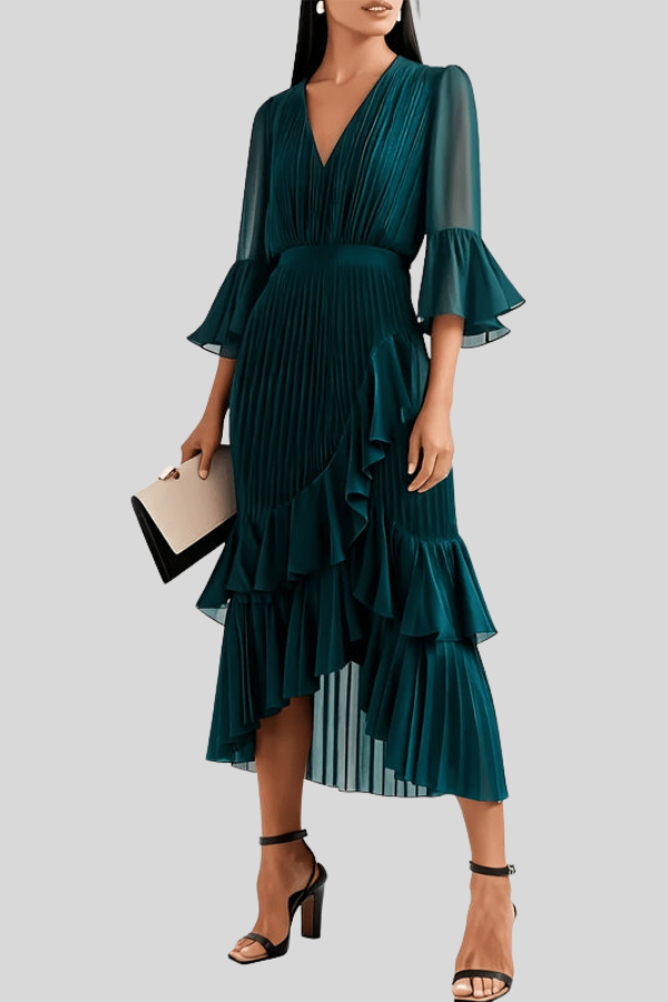 Ruffle Pleated Midi Dresses Elegant