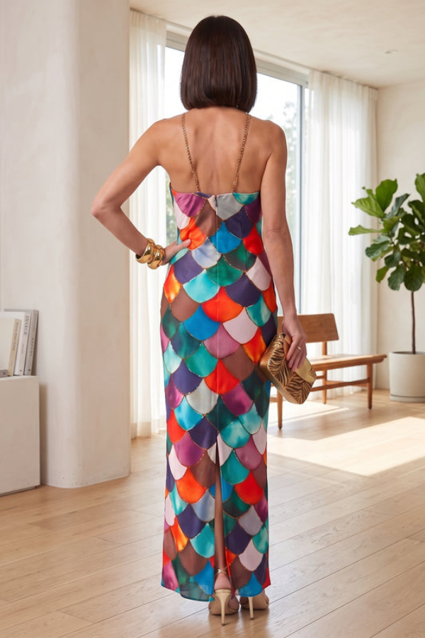 Elegant Multicolor Pattern Maxi Dress