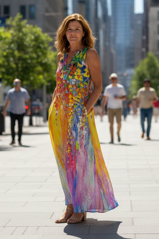 Maxikleid mit Multicolor-Print und offenem Schnitt