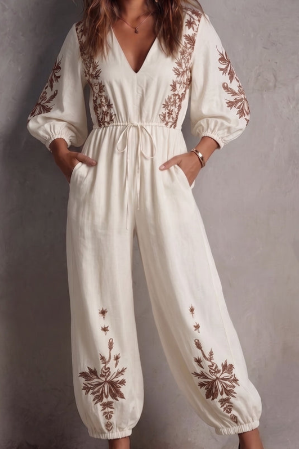 Bohemian Print Waist-Defined Jumpsuit