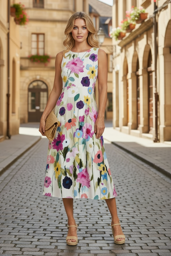 Elegant Floral Midi Dress with Timeless Sleeveless Style