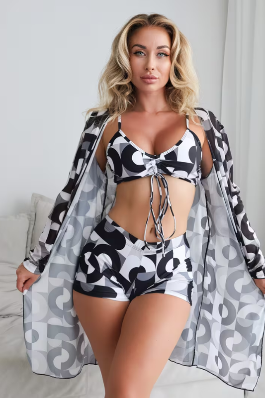 Geometric Bow Detail Boxer Shorts for Stylish Summer Beachwear Three Piece Bikini Set