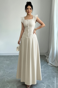 Romantic Pleated Square Neck Midi Dresses