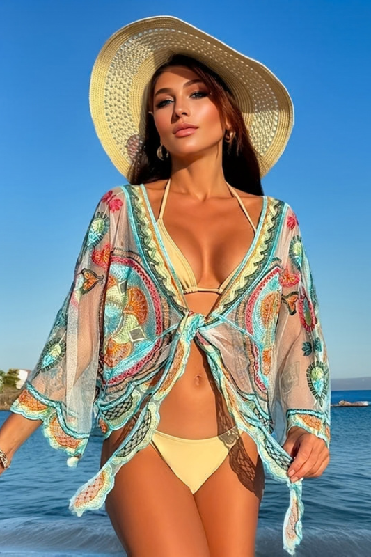 Boho Embroidered Mesh Stylish for Summer Beachwear Cover-Up Top