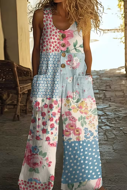 Vintage Floral Patchwork Wide Leg Button Front Jumpsuit