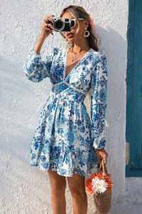 Floral V Neck Flounce Dress
