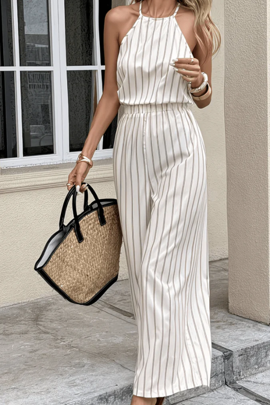Striped Halter Wide-Leg Jumpsuit with Elastic Waist