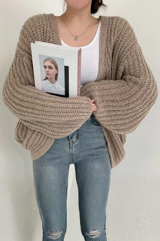 Chunky Knit Balloon Sleeve Cardigan Sweater for Effortless Style and Warmth