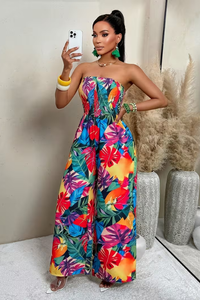 Tropical Strapless Wide Leg Jumpsuit