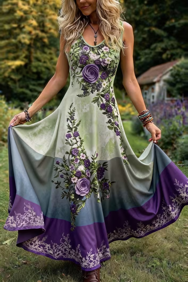 Retro Floral V Neck Maxi Dress