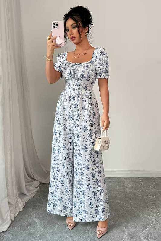 Floral Square Neck Puff Sleeve Jumpsuit