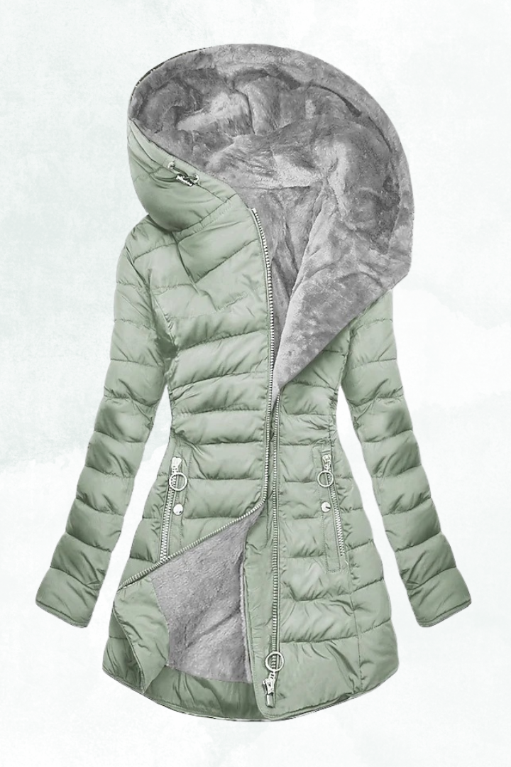 Hooded Longline Zip Front Quilted Coat