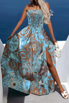 Ethnic Print Strapless High Slit Maxi Dress