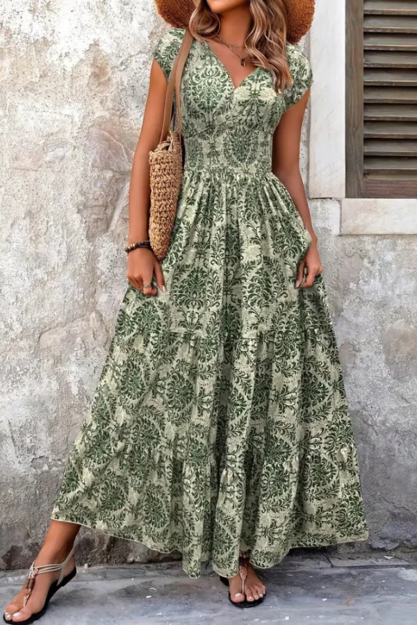 Printed V Neck Maxi Dress