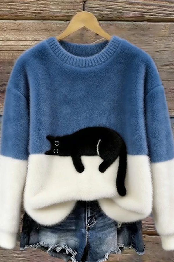 Casual Cat Pattern Knit Sweater