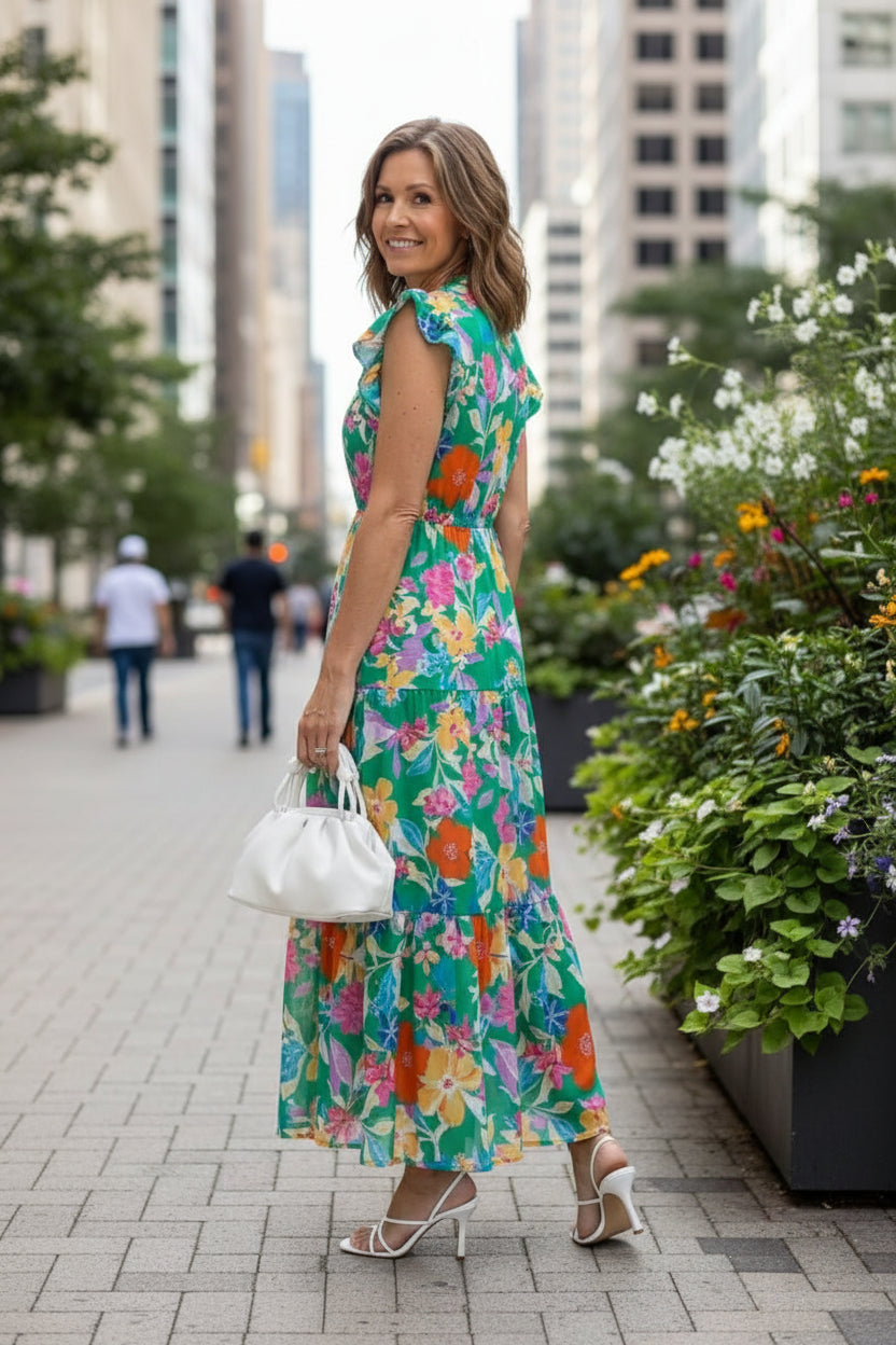 Gestuftes Midikleid mit floralem V-Ausschnitt