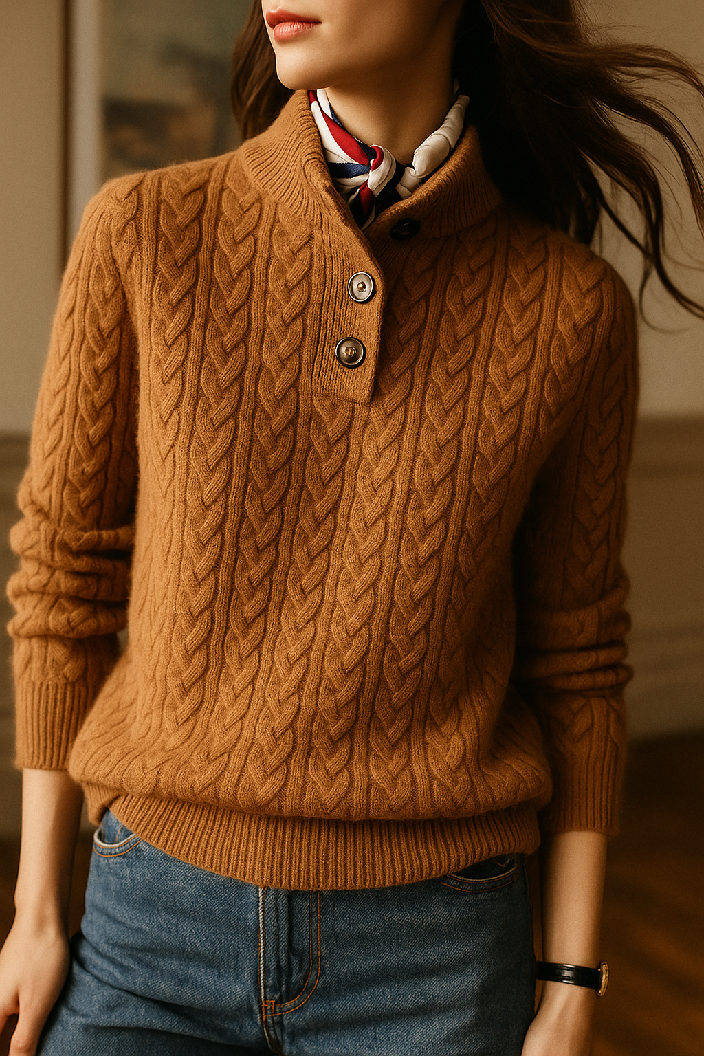 Cable-Knit Button-Up Sweater