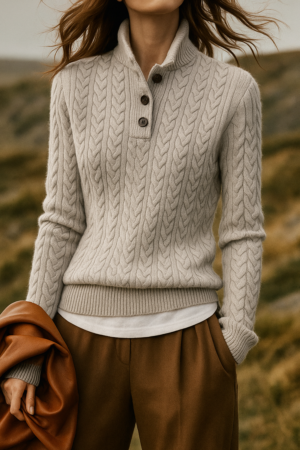 Cable-Knit Button-Up Sweater