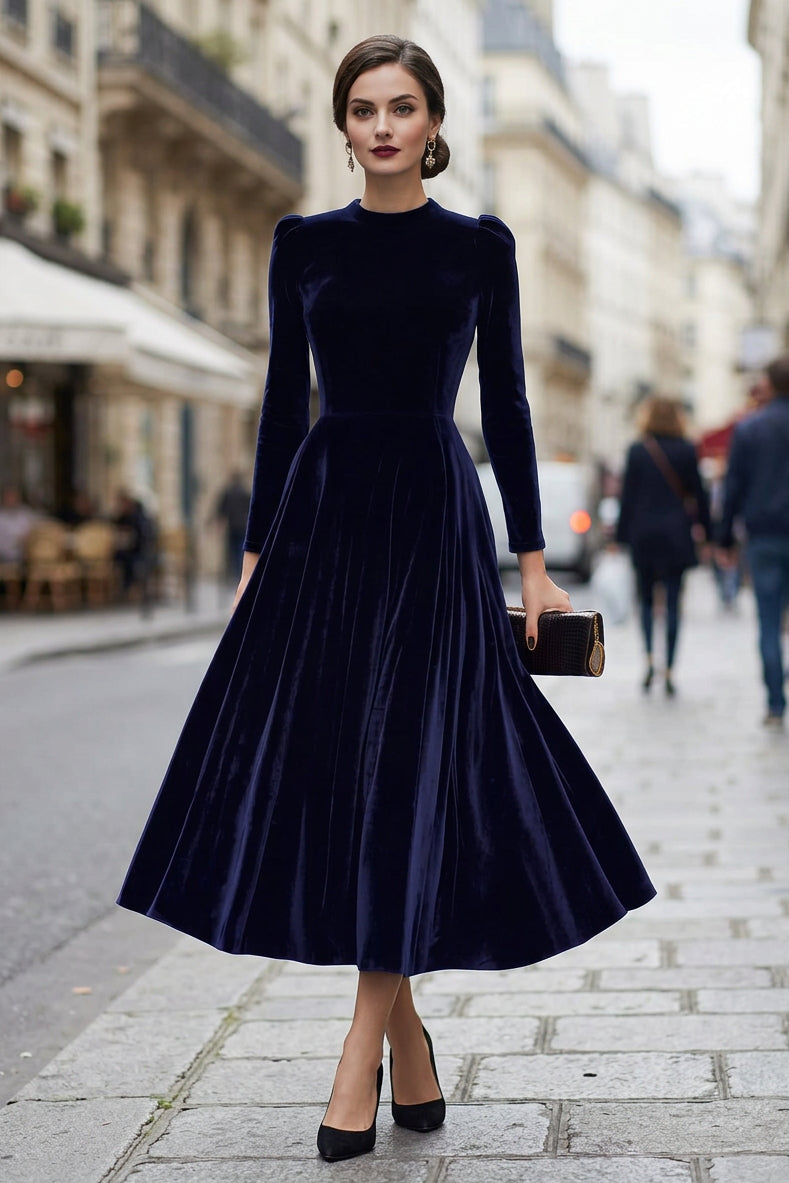 Etta | Women's Winter Velvet High Neck Midi Dress