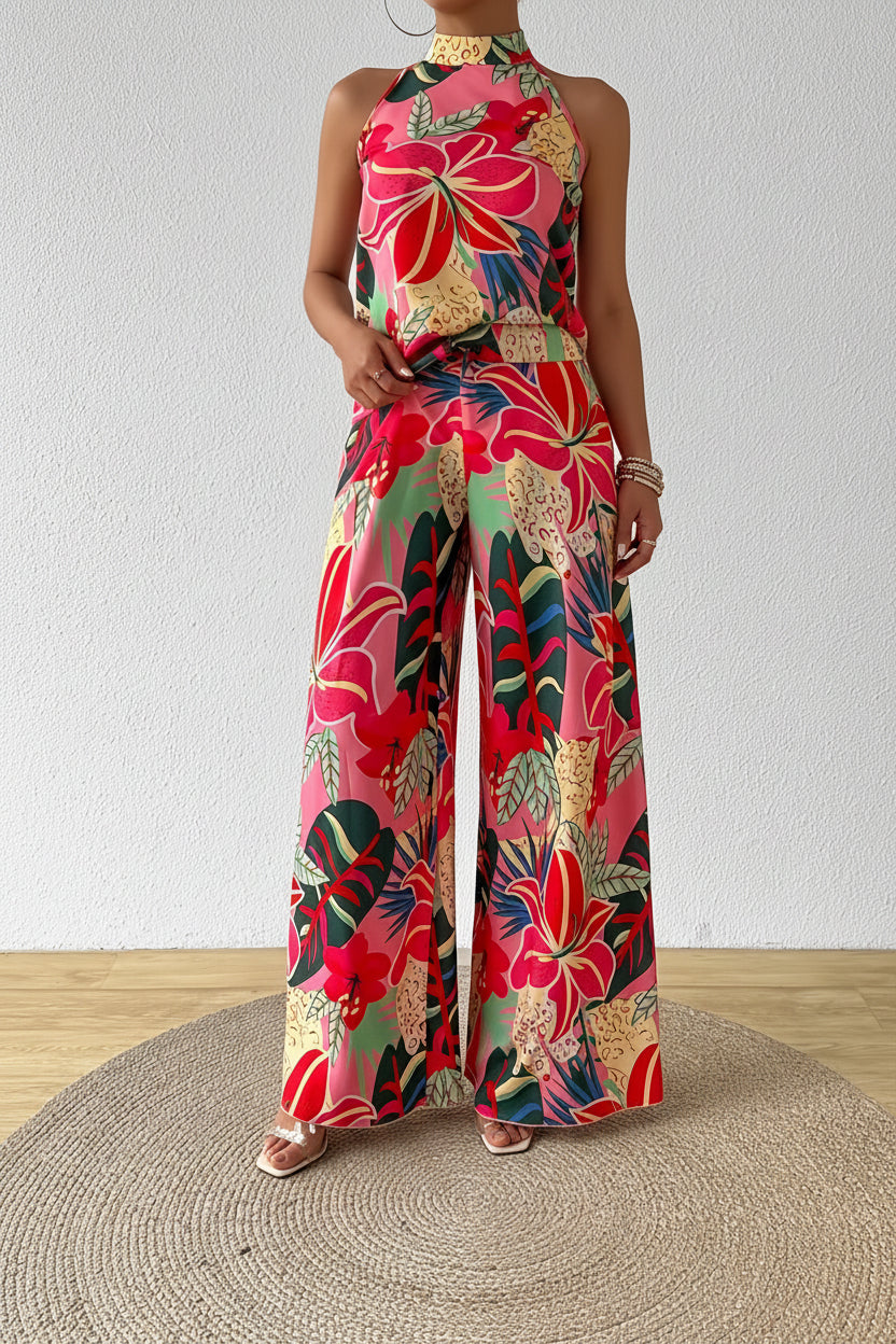 Printed Halter Outfit with Flowing Long Pants