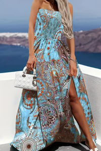 Ethnic Print Strapless High Slit Maxi Dress