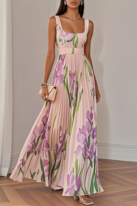 Floral Pleated Square-Neck Midi Dresses