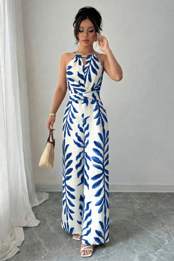 Jumpsuit in Übergröße mit Blattdruck und Halter