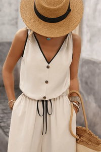 Vintage Tie Jumpsuit V Neck
