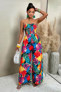 Tropical Strapless Wide Leg Jumpsuit