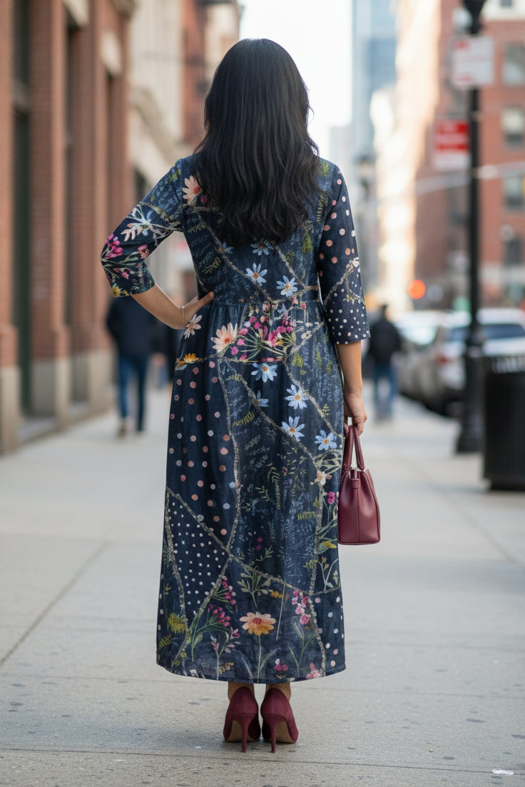 Floral Gather Midi Dress in Blue