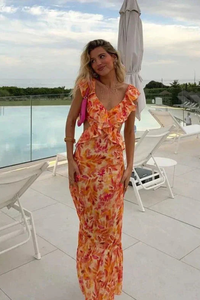 Floral Ruffled V-Neck Maxi Dress