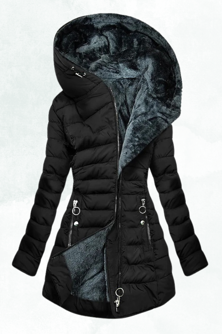 Hooded Longline Zip Front Quilted Coat