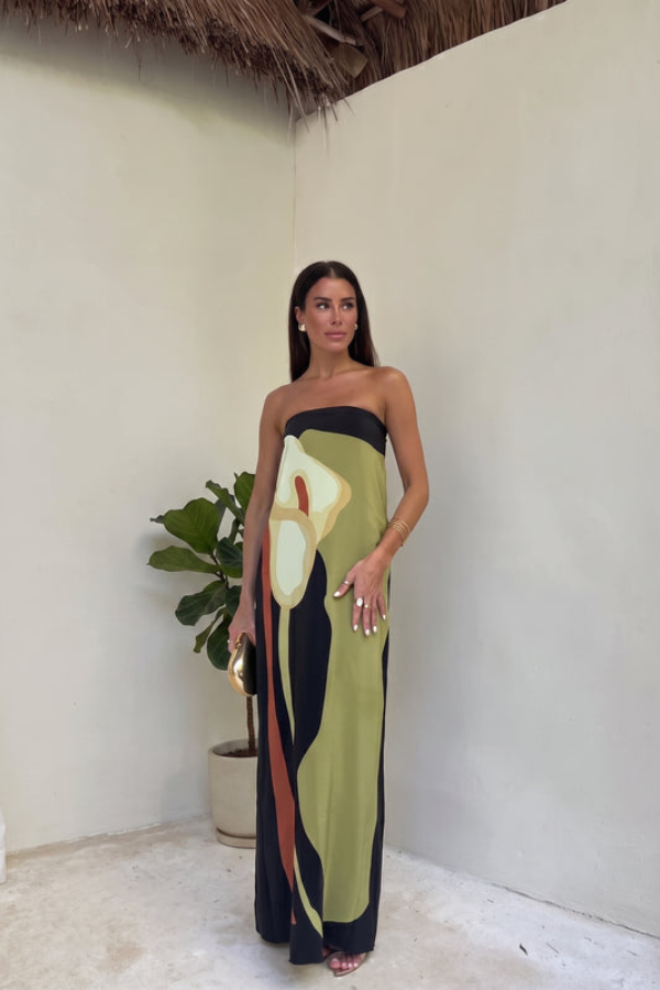 Elegant Printed Strapless Maxi Dress