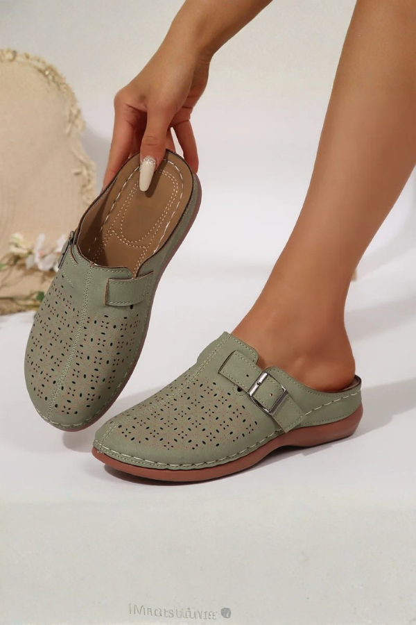 Perforated Buckle Slip On Mule Shoes