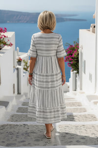Striped Tiered Midi Dress With Short Sleeves