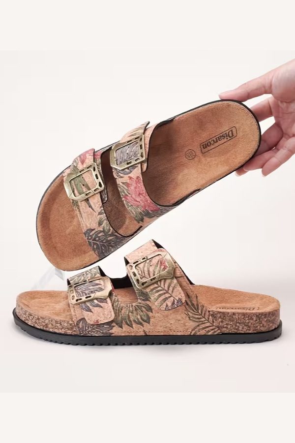 Double Buckle Cork Footbed Slide Sandals