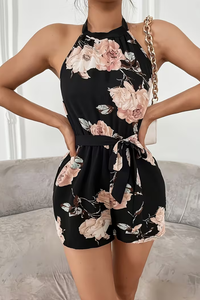 Floral Halter Neck Tie Waist Romper