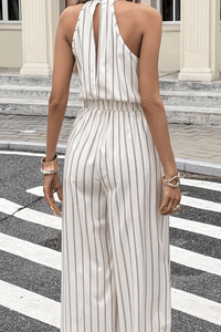 Striped Halter Wide-Leg Jumpsuit with Elastic Waist