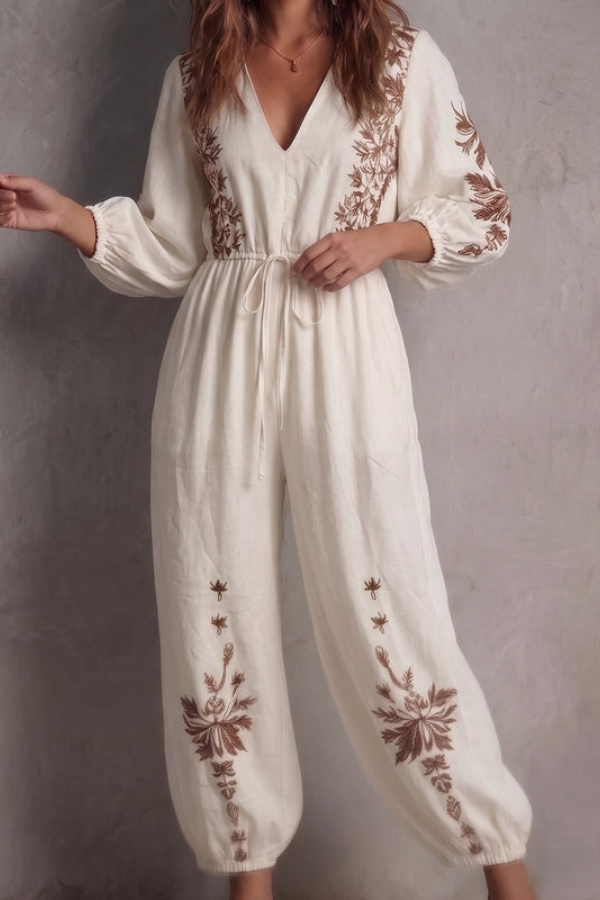 Bohemian Print Waist-Defined Jumpsuit