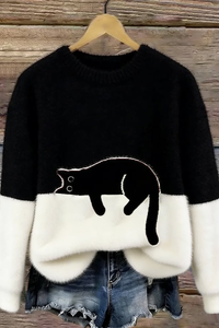 Casual Cat Pattern Knit Sweater